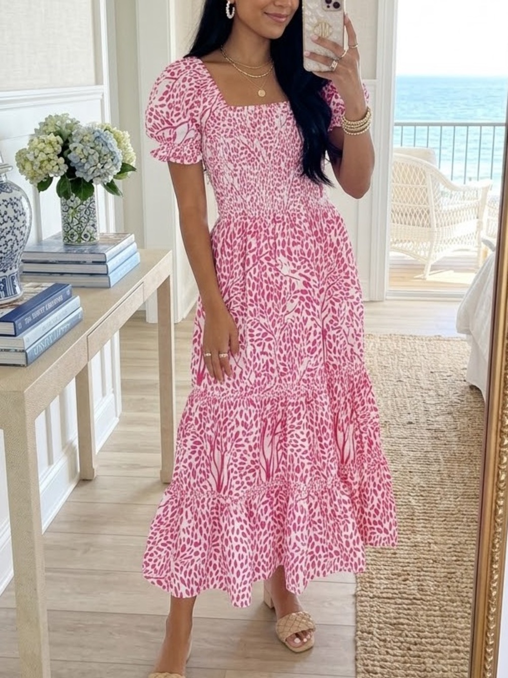 Sheridan French Amelia Pink Trees Leaf Print Smocked Tiered Midi Dress XS